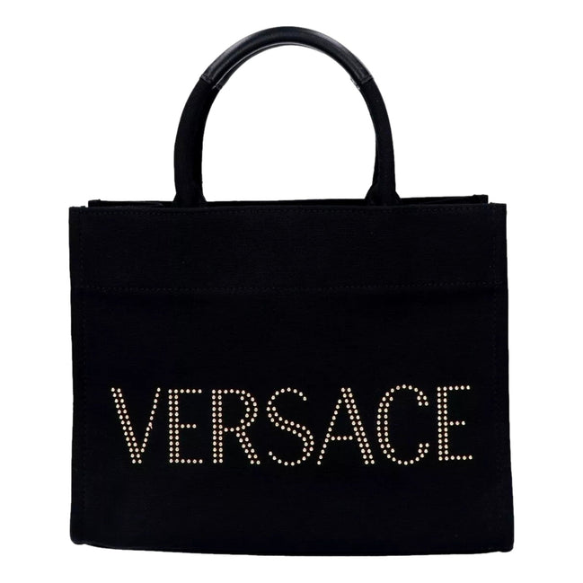Versace Nero Canvas Studded Logo Totebag available at Queen Bee of Beverly Hills