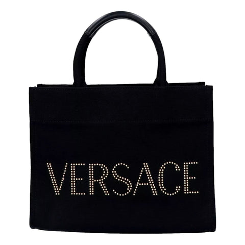 Versace Nero Canvas Studded Logo Totebag available at Queen Bee of Beverly Hills