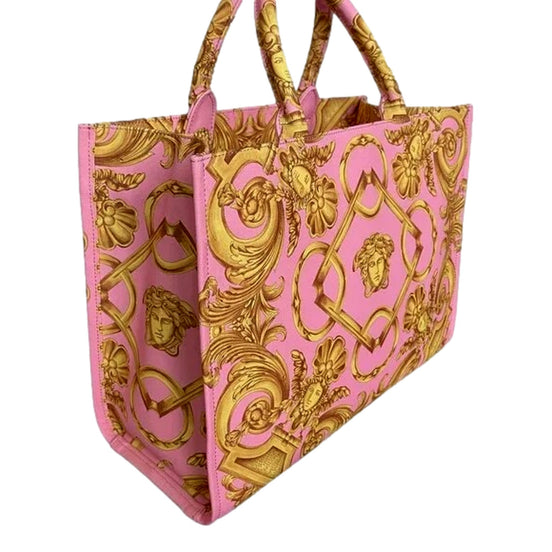 Versace Pastel Pink Signature Print Large Canvas Tote available at Queen Bee of Beverly Hills