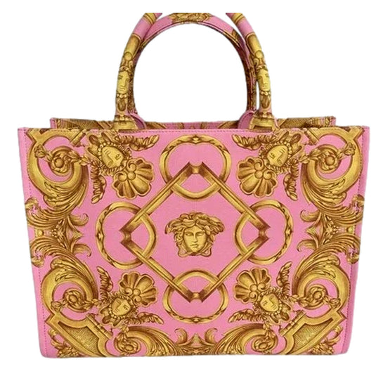 Versace Pastel Pink Signature Print Large Canvas Tote available at Queen Bee of Beverly Hills