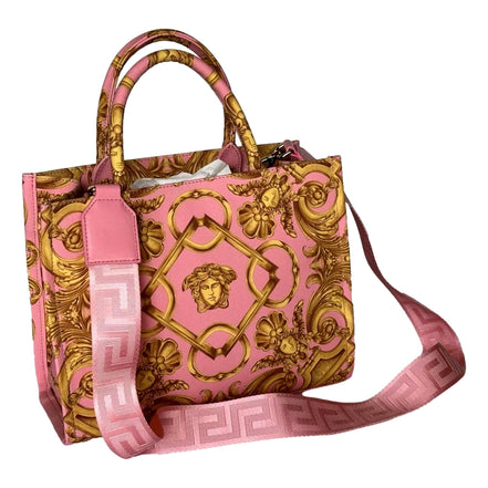 Versace Pastel Pink Signature Print Small Canvas Tote available at Queen Bee of Beverly Hills