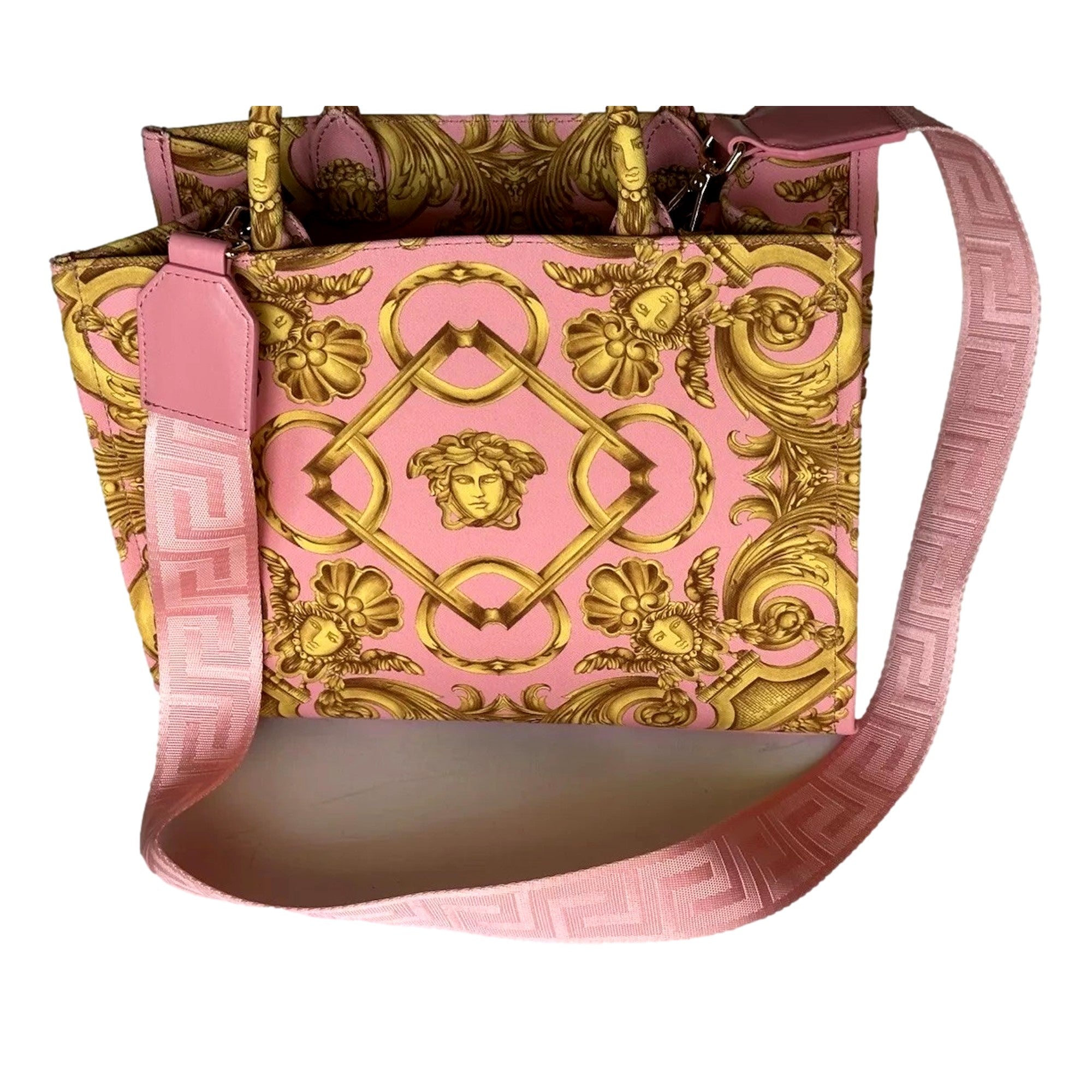 Versace Pastel Pink Signature Print Small Canvas Tote available at Queen Bee of Beverly Hills