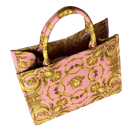 Versace Pastel Pink Signature Print Small Canvas Tote available at Queen Bee of Beverly Hills
