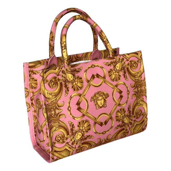 Versace Pastel Pink Signature Print Small Canvas Tote available at Queen Bee of Beverly Hills