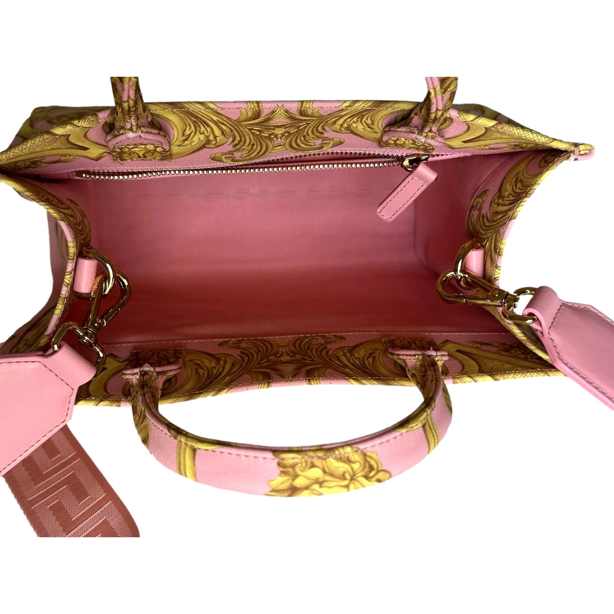 Versace Pastel Pink Signature Print Small Canvas Tote available at Queen Bee of Beverly Hills