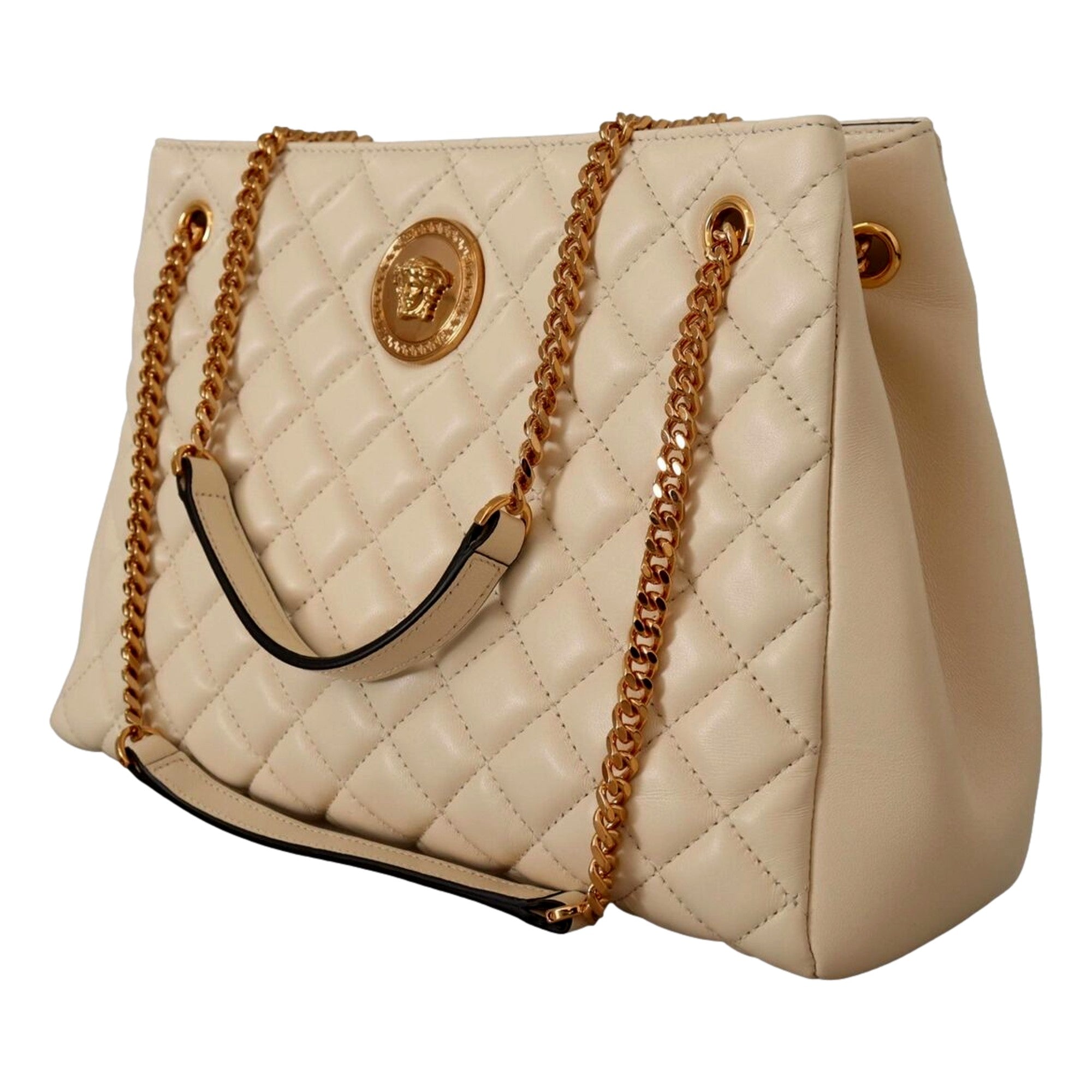 Versace Quilted Ivory La Medusa Chain Strap Tote Bag available at Queen Bee of Beverly Hills