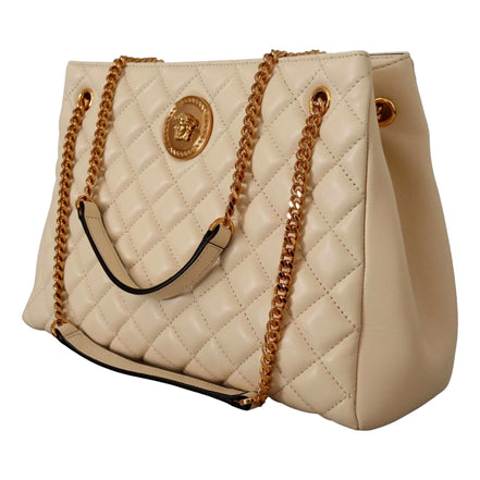 Versace Quilted Ivory La Medusa Chain Strap Tote Bag available at Queen Bee of Beverly Hills