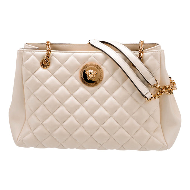 Versace Quilted Ivory La Medusa Chain Strap Tote Bag available at Queen Bee of Beverly Hills