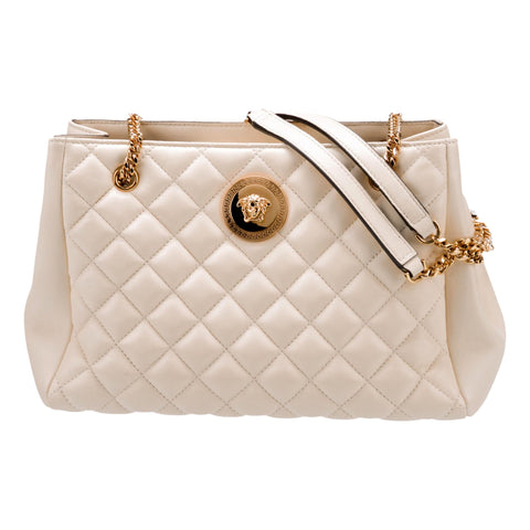 Versace Quilted Ivory La Medusa Chain Strap Tote Bag available at Queen Bee of Beverly Hills
