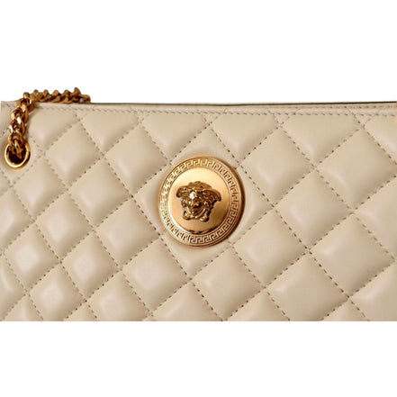 Versace Quilted Ivory La Medusa Chain Strap Tote Bag available at Queen Bee of Beverly Hills