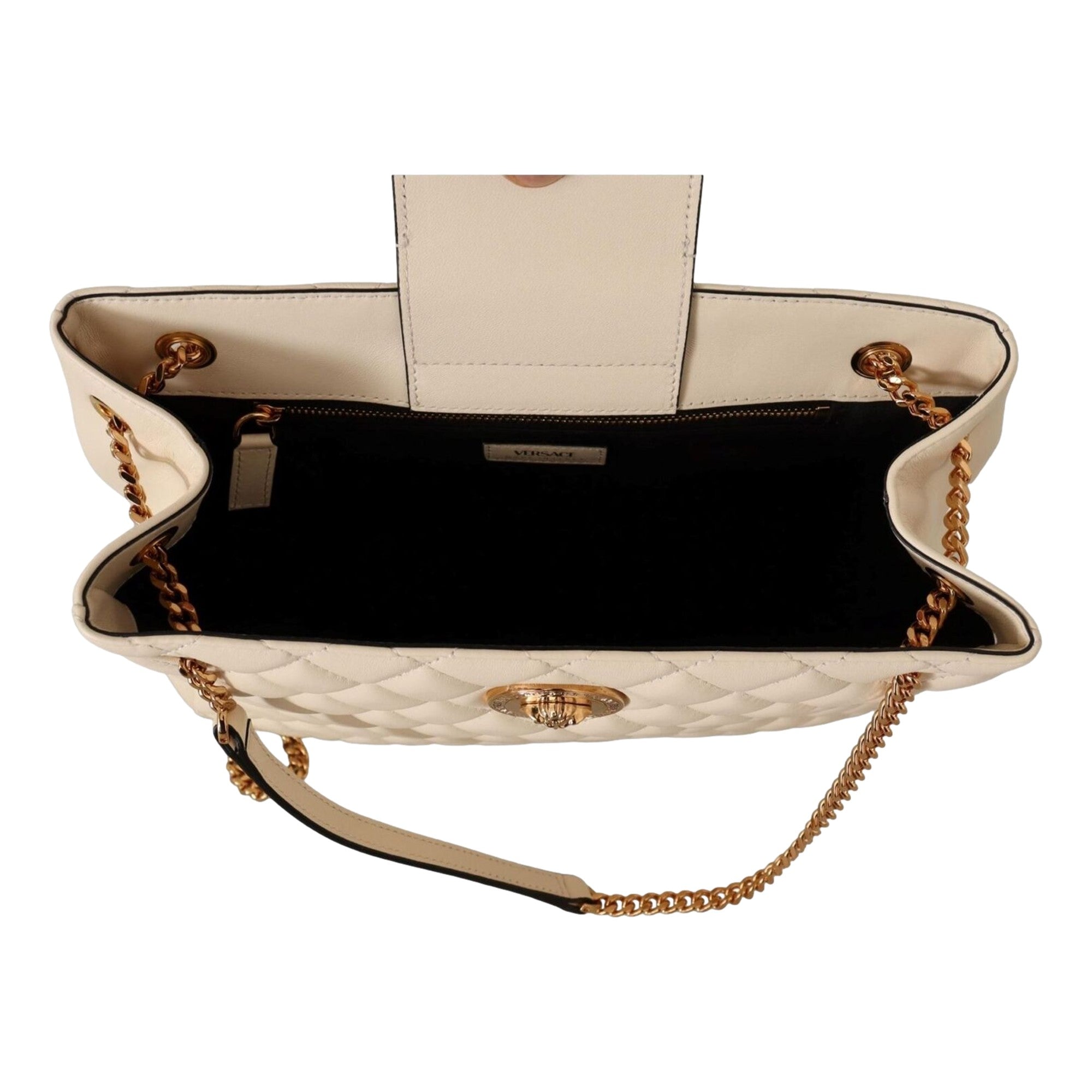 Versace Quilted Ivory La Medusa Chain Strap Tote Bag available at Queen Bee of Beverly Hills