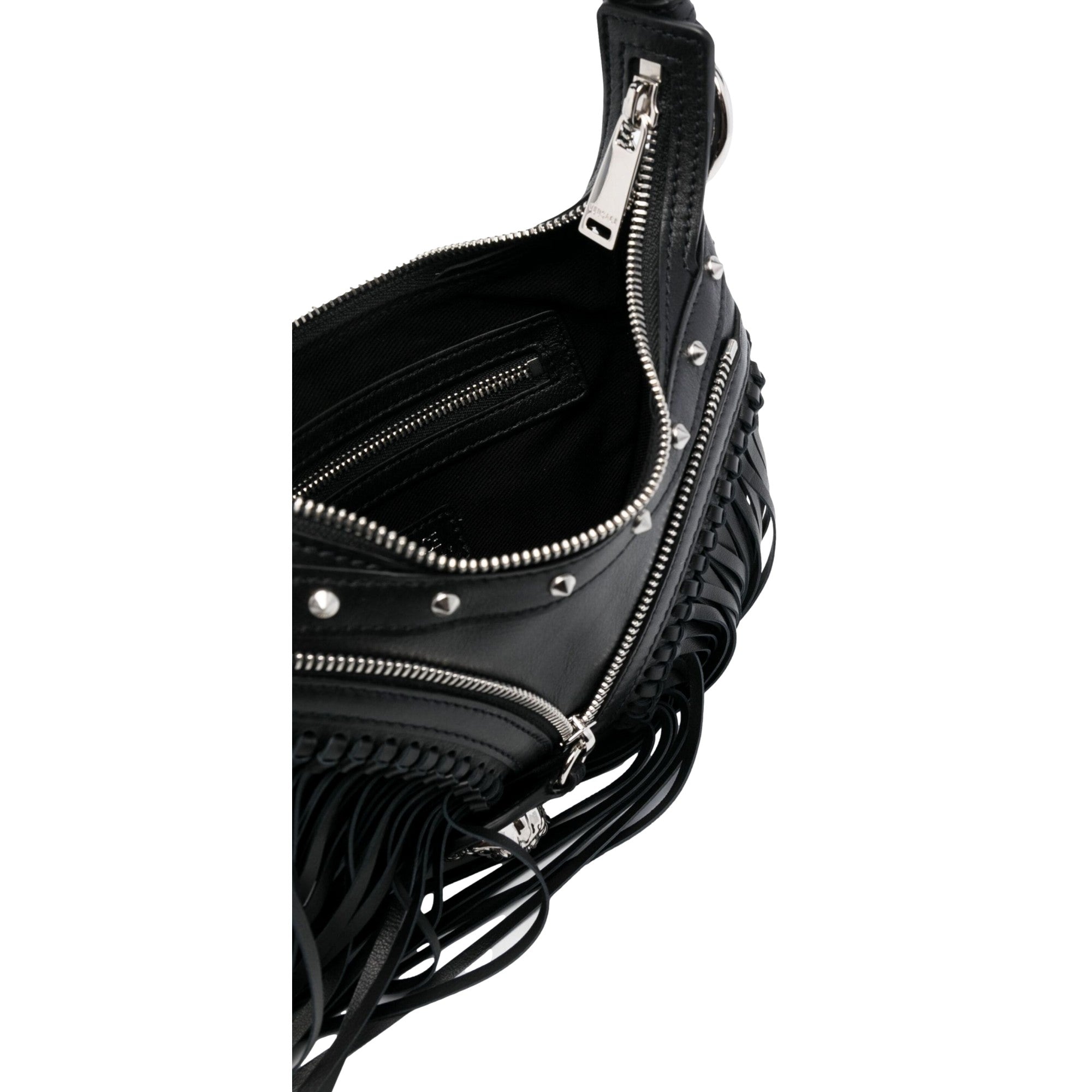 Versace Repeat Fringe La Medusa Mini Hobo Shoulder Bag Black Leather available at Queen Bee of Beverly Hills