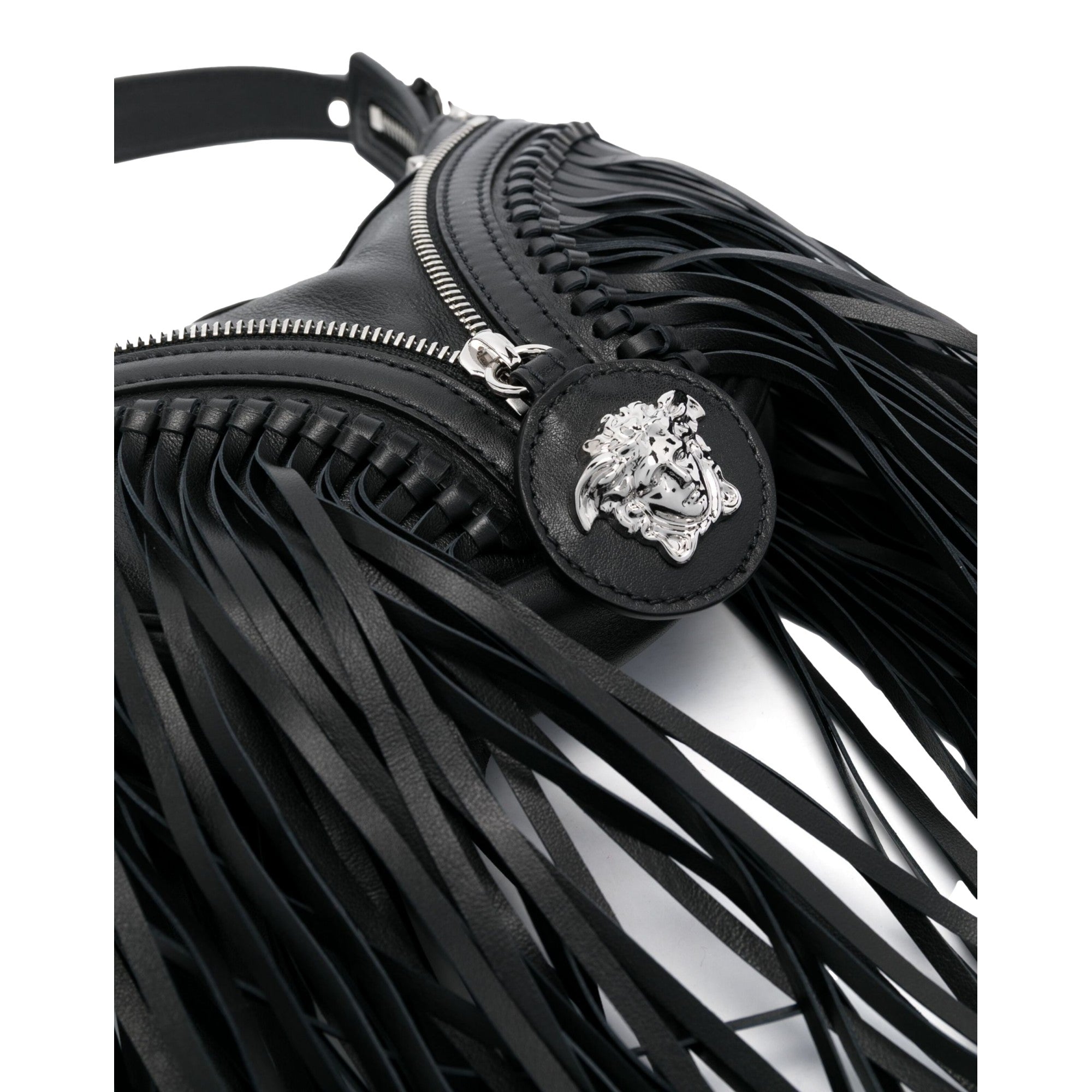 Versace Repeat Fringe La Medusa Mini Hobo Shoulder Bag Black Leather available at Queen Bee of Beverly Hills