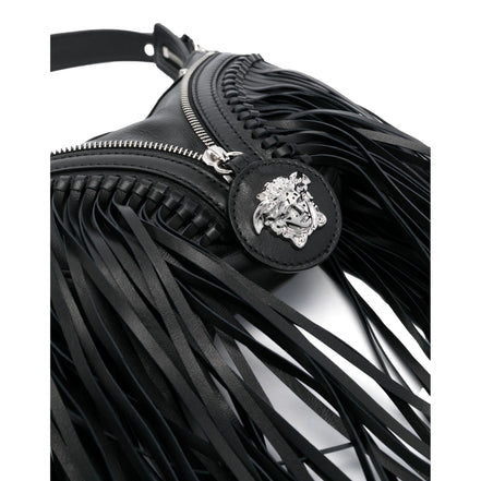 Versace Repeat Fringe La Medusa Mini Hobo Shoulder Bag Black Leather available at Queen Bee of Beverly Hills
