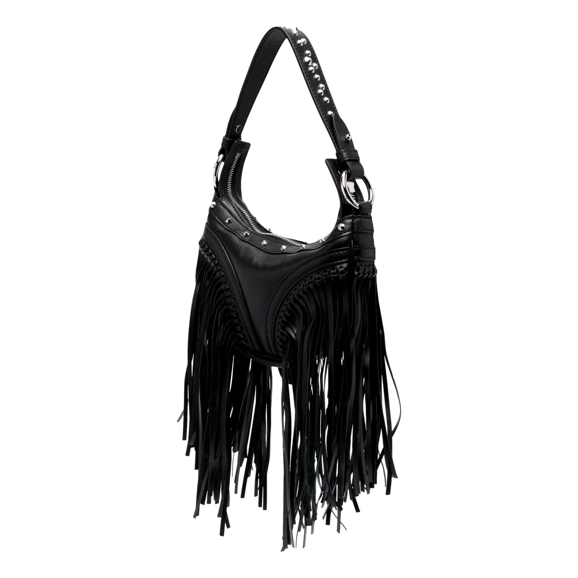 Versace Repeat Fringe La Medusa Mini Hobo Shoulder Bag Black Leather available at Queen Bee of Beverly Hills