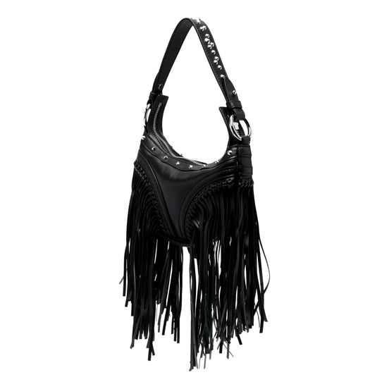 Versace Repeat Fringe La Medusa Mini Hobo Shoulder Bag Black Leather available at Queen Bee of Beverly Hills