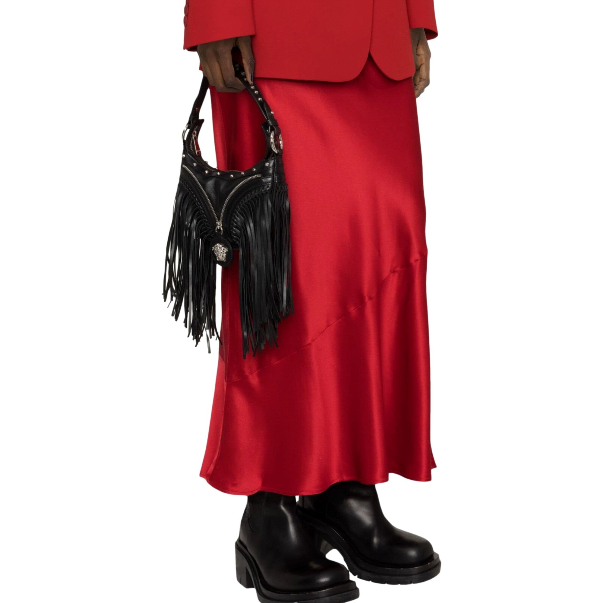 Versace Repeat Fringe La Medusa Mini Hobo Shoulder Bag Black Leather available at Queen Bee of Beverly Hills