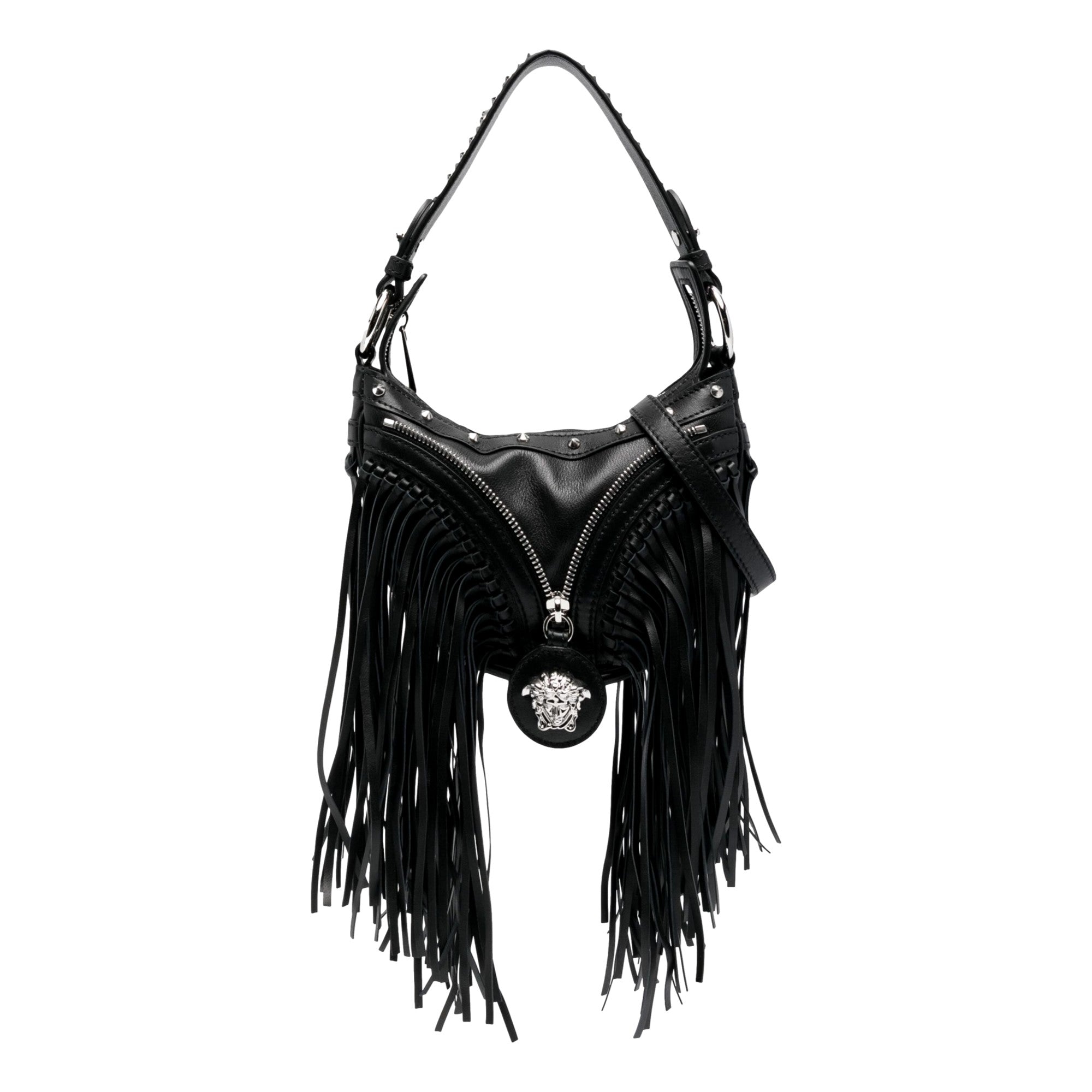 Versace Repeat Fringe La Medusa Mini Hobo Shoulder Bag Black Leather available at Queen Bee of Beverly Hills