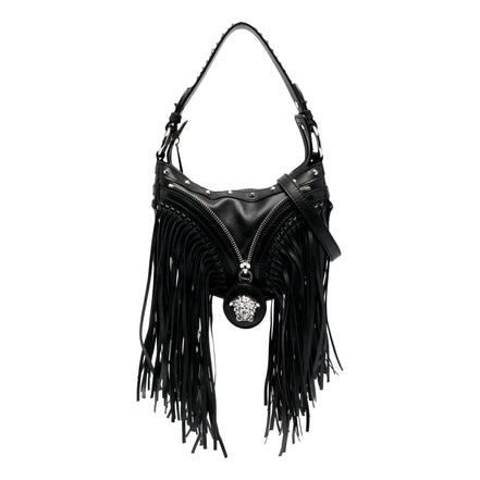 Versace Repeat Fringe La Medusa Mini Hobo Shoulder Bag Black Leather available at Queen Bee of Beverly Hills