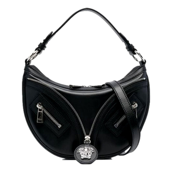 Versace Repeat La Medusa Small Hobo Shoulder Bag Black Calfskin Leather available at Queen Bee of Beverly Hills