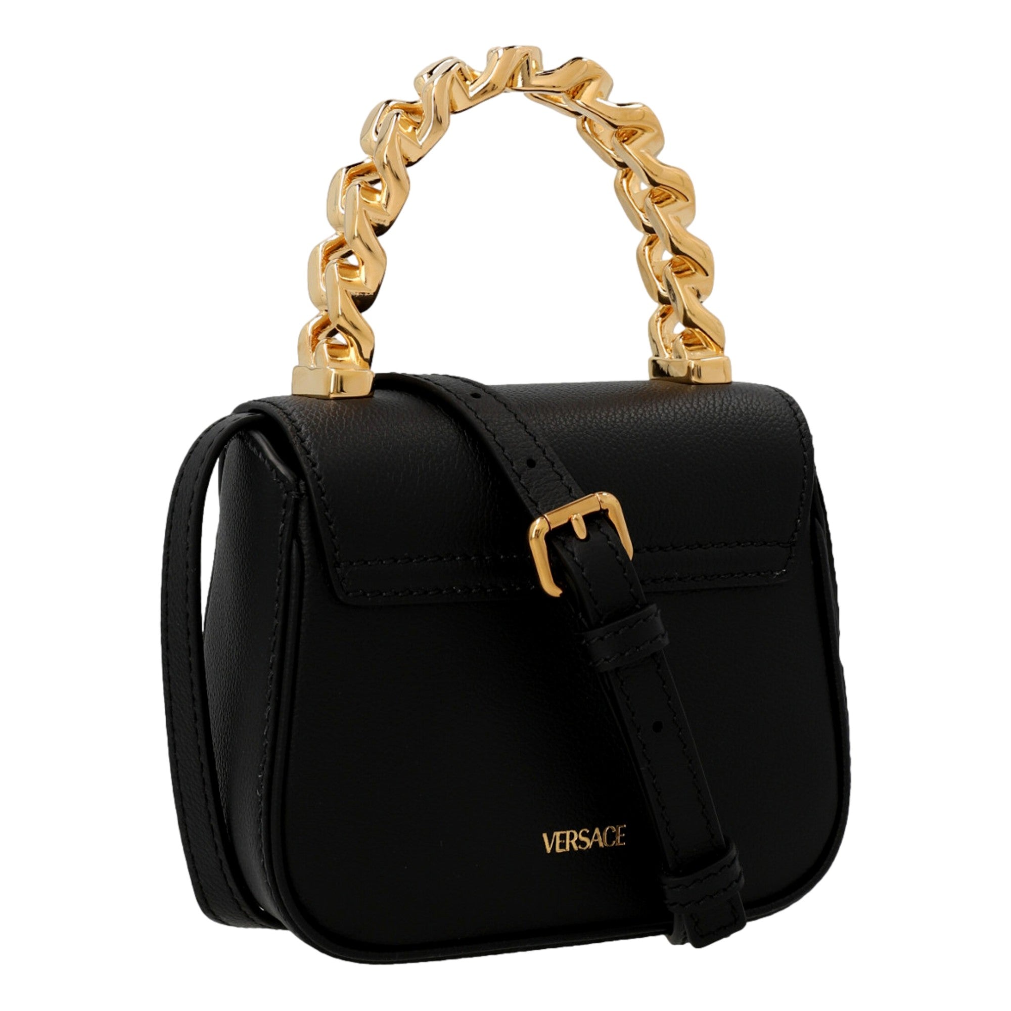 Versace Top Handle Black Mini Vitello Leather Handbag available at Queen Bee of Beverly Hills