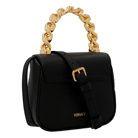 Versace Top Handle Black Mini Vitello Leather Handbag available at Queen Bee of Beverly Hills