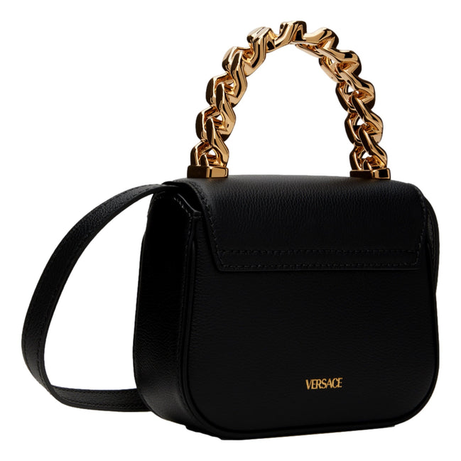 Versace Top Handle Black Mini Vitello Leather Handbag available at Queen Bee of Beverly Hills