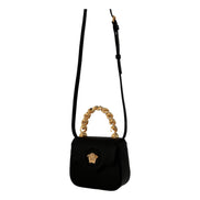 Versace Top Handle Black Mini Vitello Leather Handbag available at Queen Bee of Beverly Hills