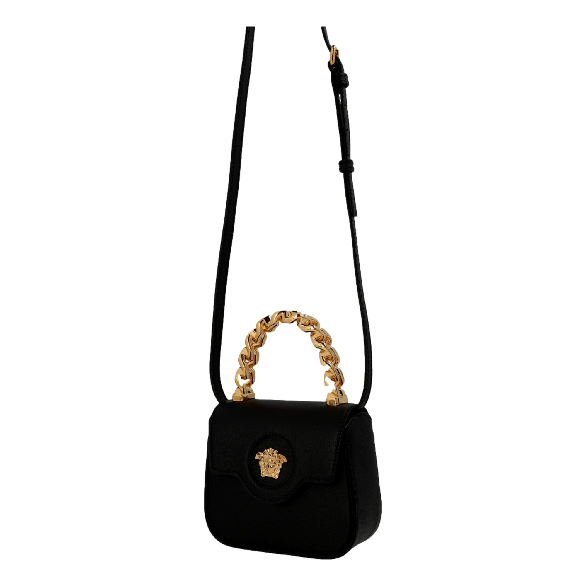 Versace Top Handle Black Mini Vitello Leather Handbag available at Queen Bee of Beverly Hills