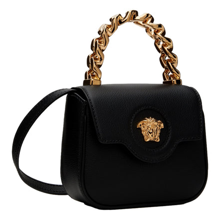 Versace Top Handle Black Mini Vitello Leather Handbag available at Queen Bee of Beverly Hills