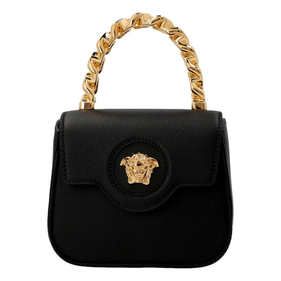 Versace Top Handle Black Mini Vitello Leather Handbag available at Queen Bee of Beverly Hills