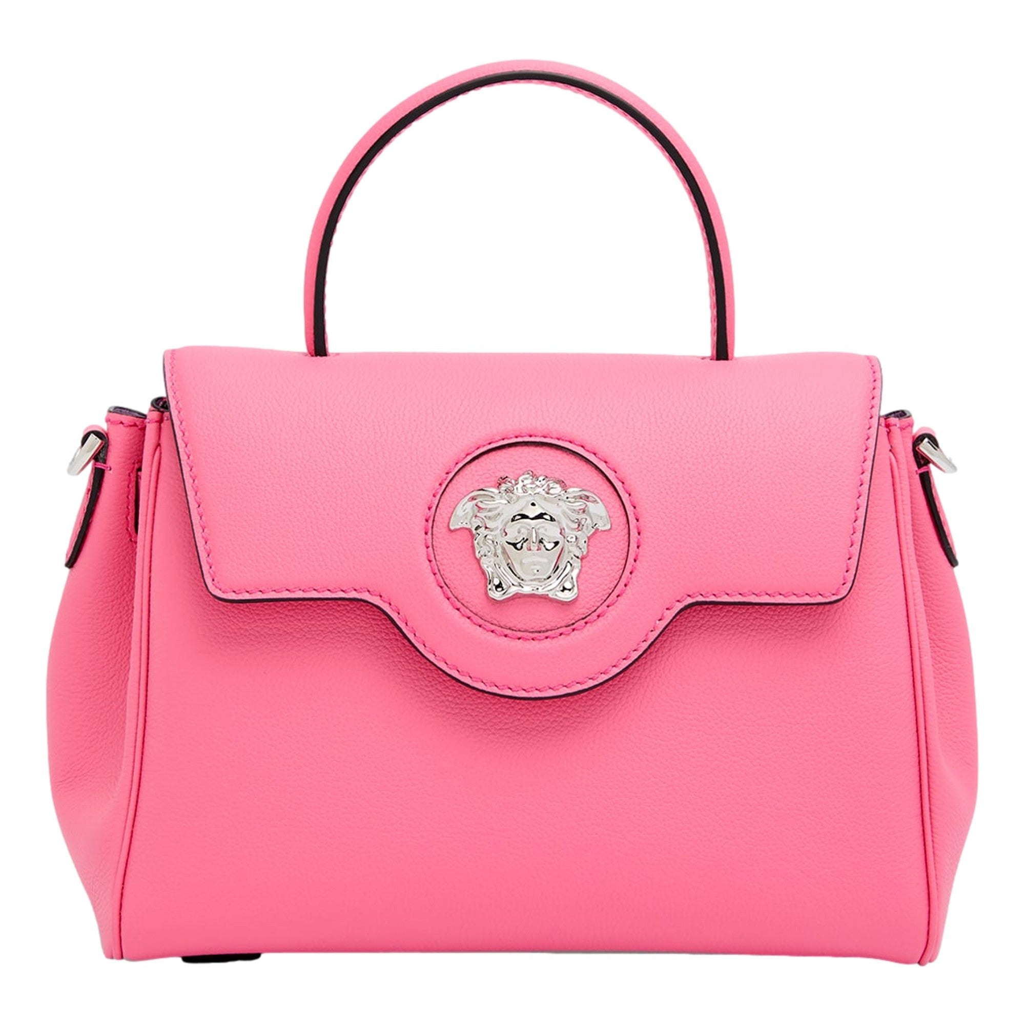 Versace Top Handle Flamingo Pink Vitello Leather Handbag available at Queen Bee of Beverly Hills