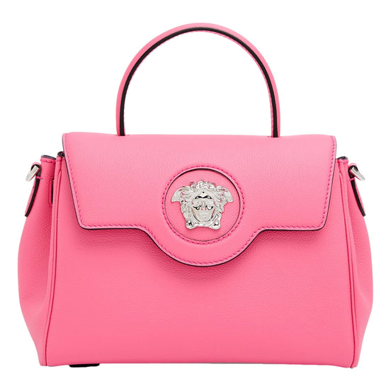 Versace Top Handle Flamingo Pink Vitello Leather Handbag available at Queen Bee of Beverly Hills