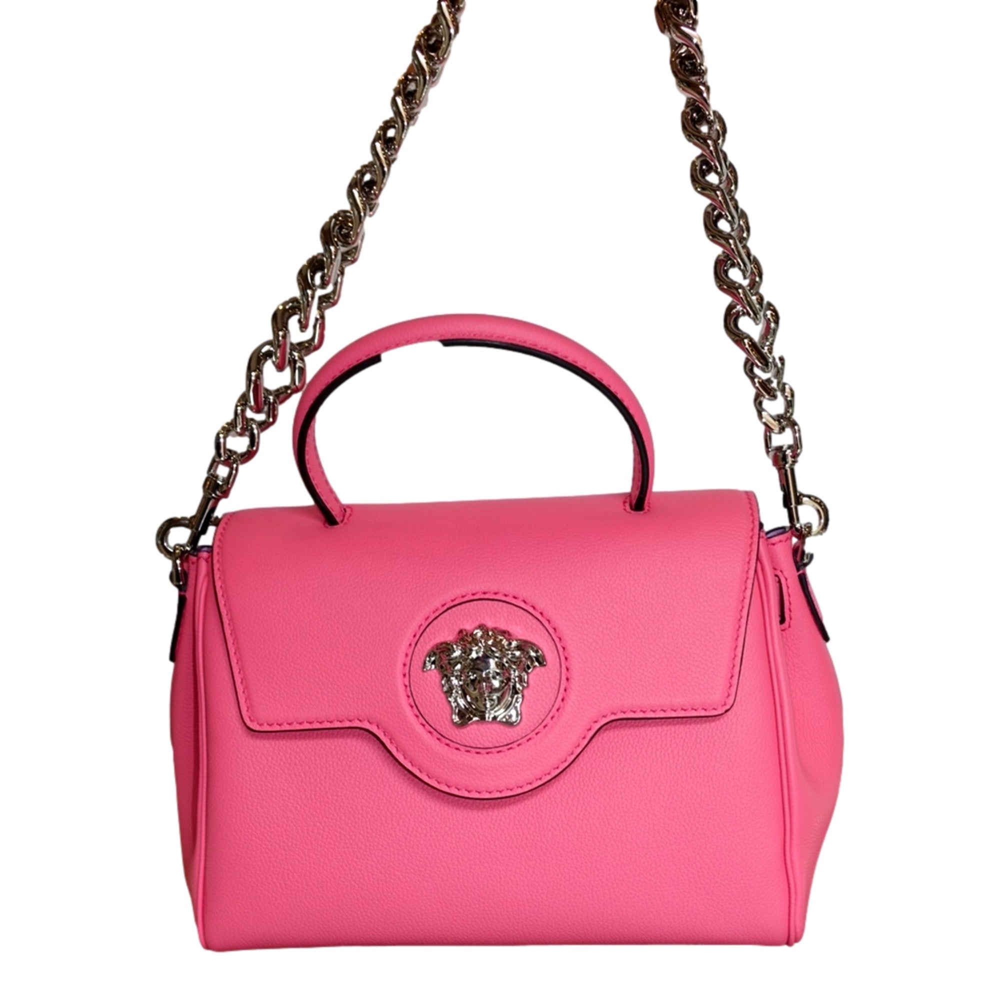 Versace Top Handle Flamingo Pink Vitello Leather Handbag available at Queen Bee of Beverly Hills