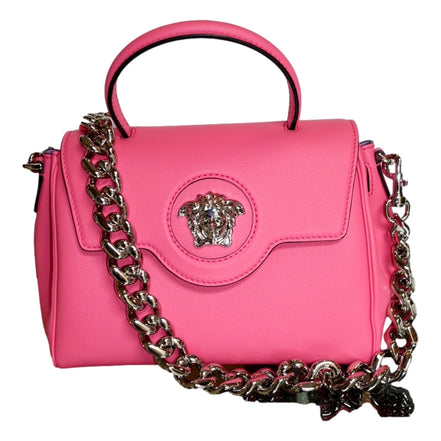 Versace Top Handle Flamingo Pink Vitello Leather Handbag available at Queen Bee of Beverly Hills