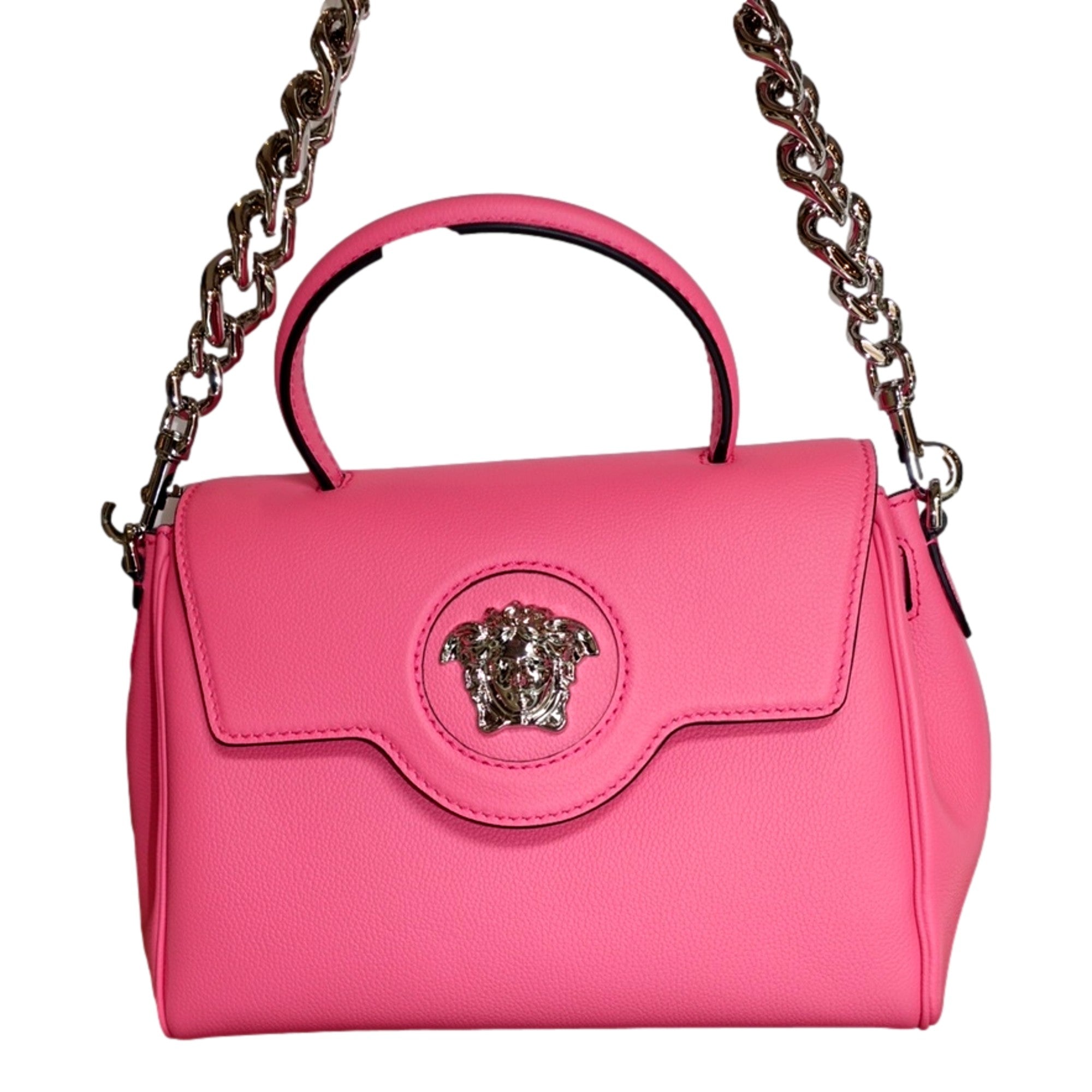 Versace Top Handle Flamingo Pink Vitello Leather Handbag available at Queen Bee of Beverly Hills