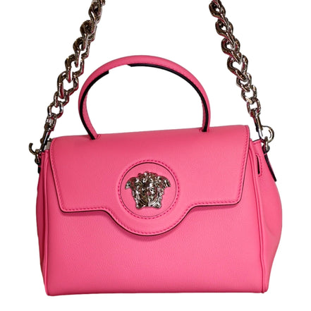 Versace Top Handle Flamingo Pink Vitello Leather Handbag available at Queen Bee of Beverly Hills