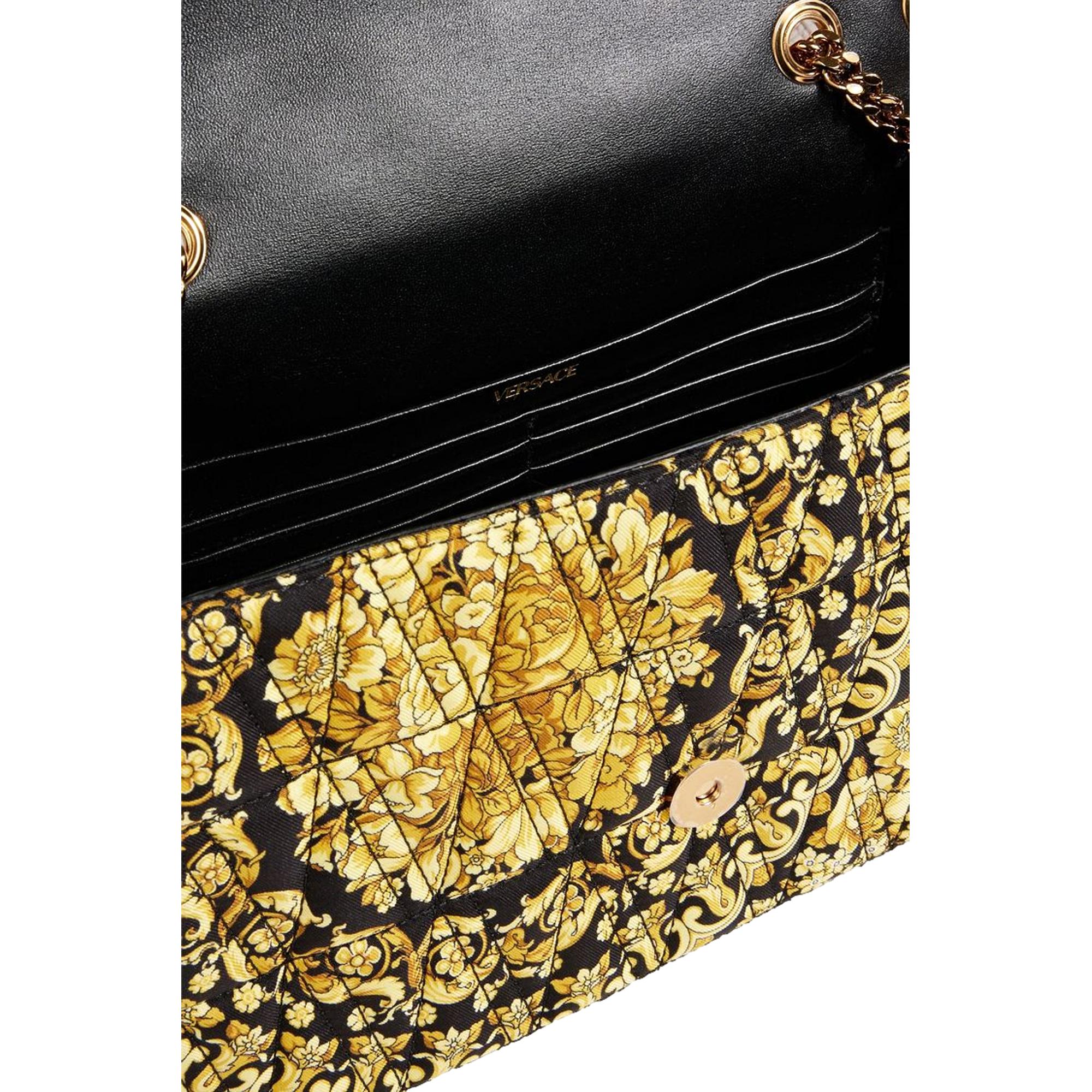 Versace Virtus Barocco Print Quilted Black and Gold Silk Shoulder Bag available at Queen Bee of Beverly Hills
