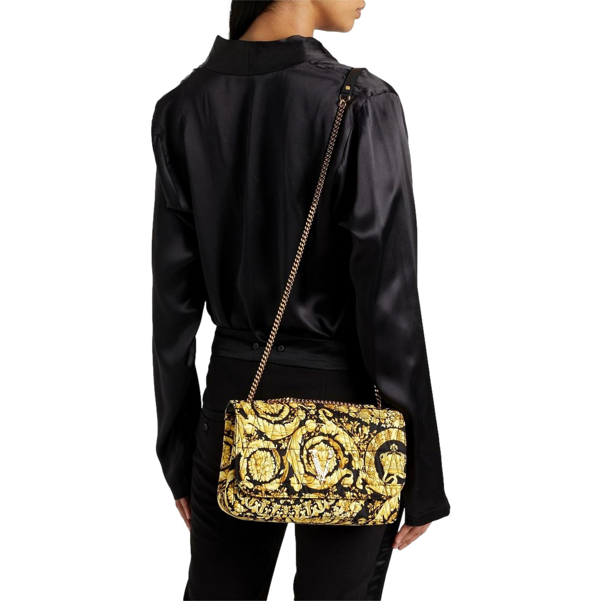 Versace Virtus Barocco Print Quilted Black and Gold Silk Shoulder Bag available at Queen Bee of Beverly Hills
