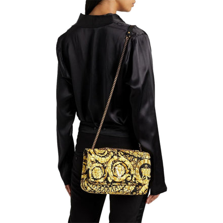 Versace Virtus Barocco Print Quilted Black and Gold Silk Shoulder Bag available at Queen Bee of Beverly Hills