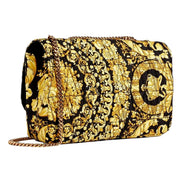 Versace Virtus Barocco Print Quilted Black and Gold Silk Shoulder Bag available at Queen Bee of Beverly Hills