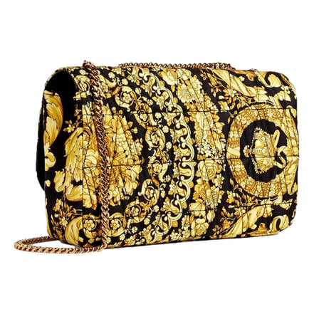 Versace Virtus Barocco Print Quilted Black and Gold Silk Shoulder Bag available at Queen Bee of Beverly Hills