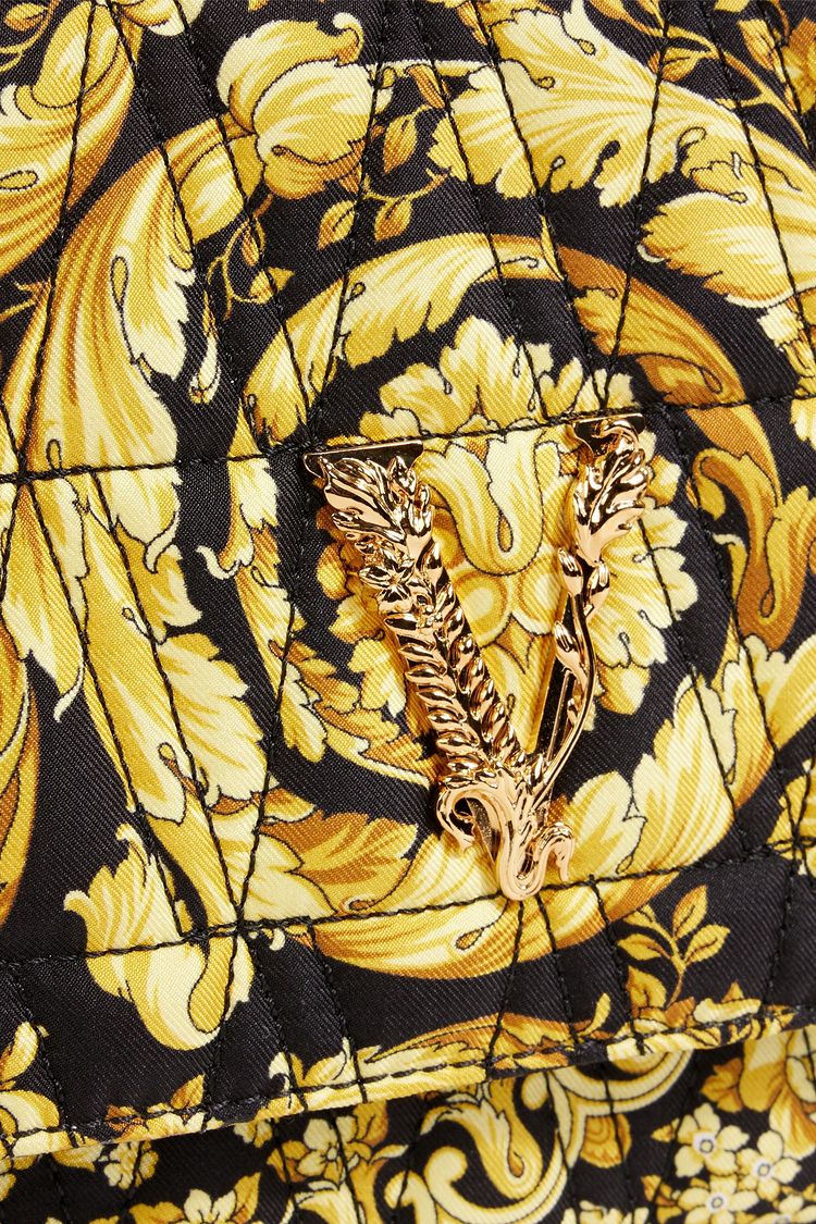 Versace Virtus Barocco Print Quilted Black and Gold Silk Shoulder Bag available at Queen Bee of Beverly Hills