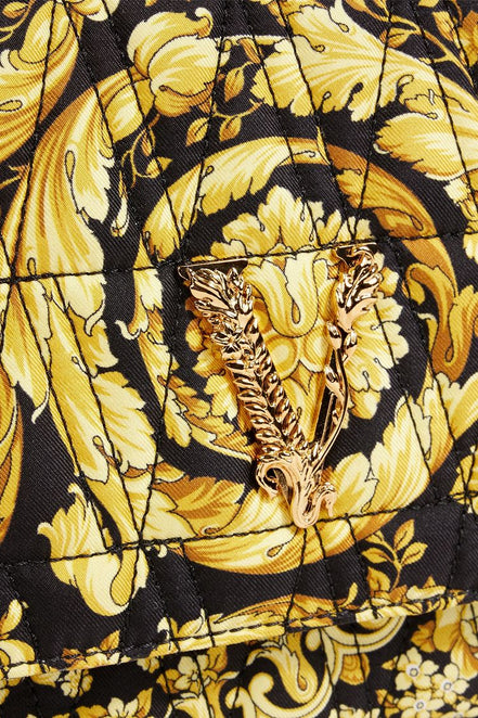 Versace Virtus Barocco Print Quilted Black and Gold Silk Shoulder Bag available at Queen Bee of Beverly Hills