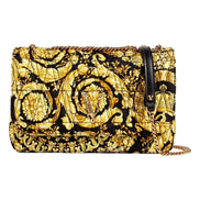 Versace Virtus Barocco Print Quilted Black and Gold Silk Shoulder Bag available at Queen Bee of Beverly Hills
