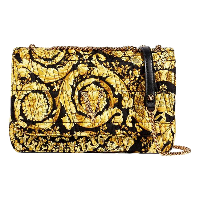Versace Virtus Barocco Print Quilted Black and Gold Silk Shoulder Bag available at Queen Bee of Beverly Hills