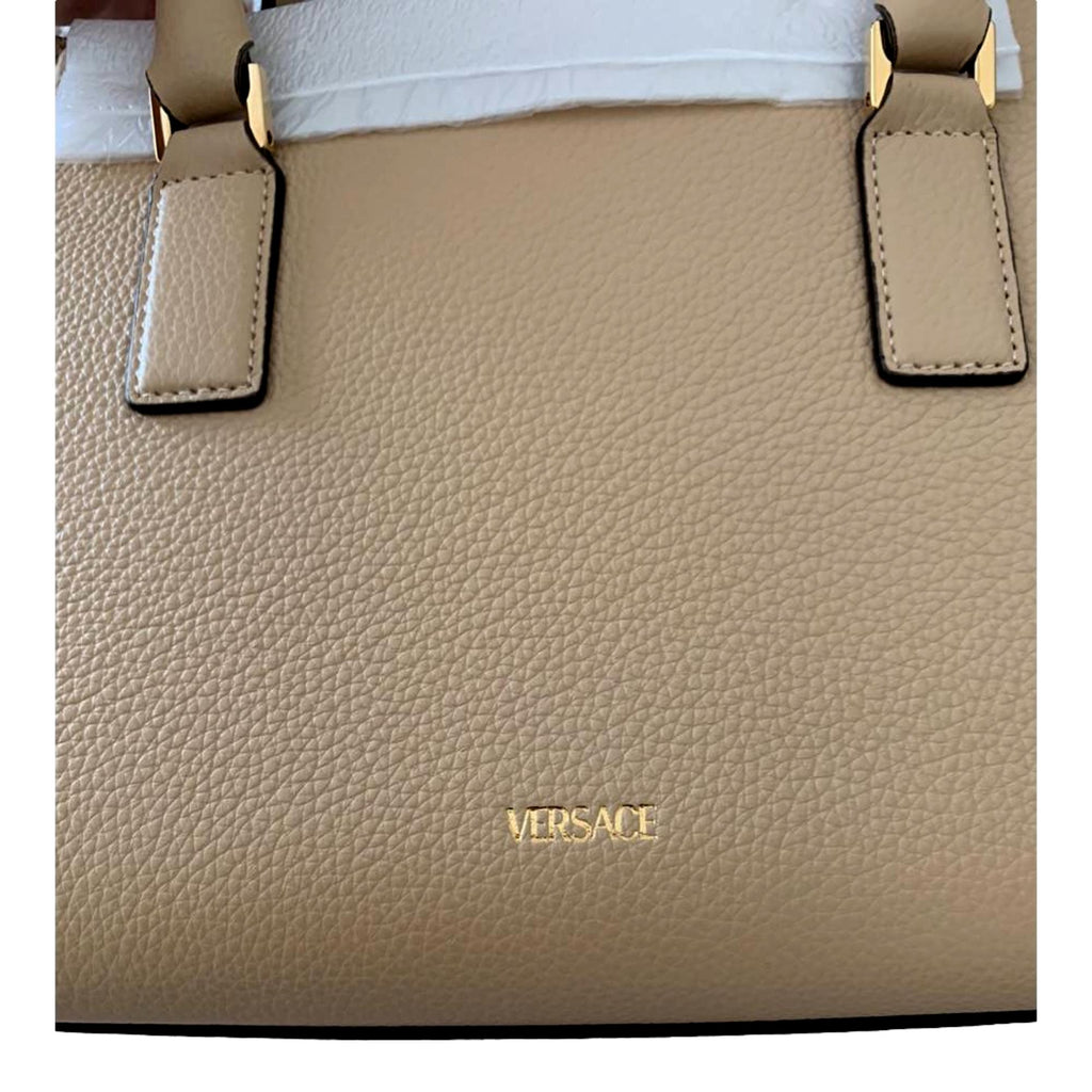 Versace Virtus Beige Calf Leather Top Handle Crossbody Bag at_Queen_Bee_of_Beverly_Hills