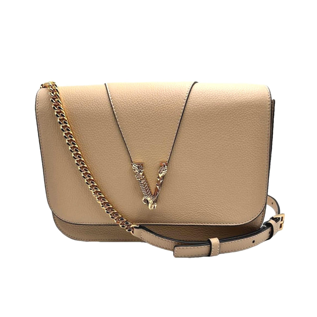 Versace Virtus Beige Pebbled Leather Crossbody at_Queen_Bee_of_Beverly_Hills