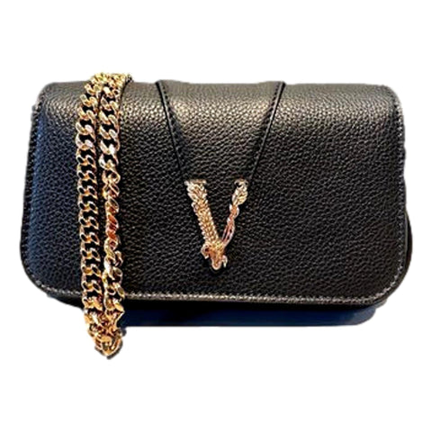Versace Virtus Black Pebbled Leather Crossbody at_Queen_Bee_of_Beverly_Hills