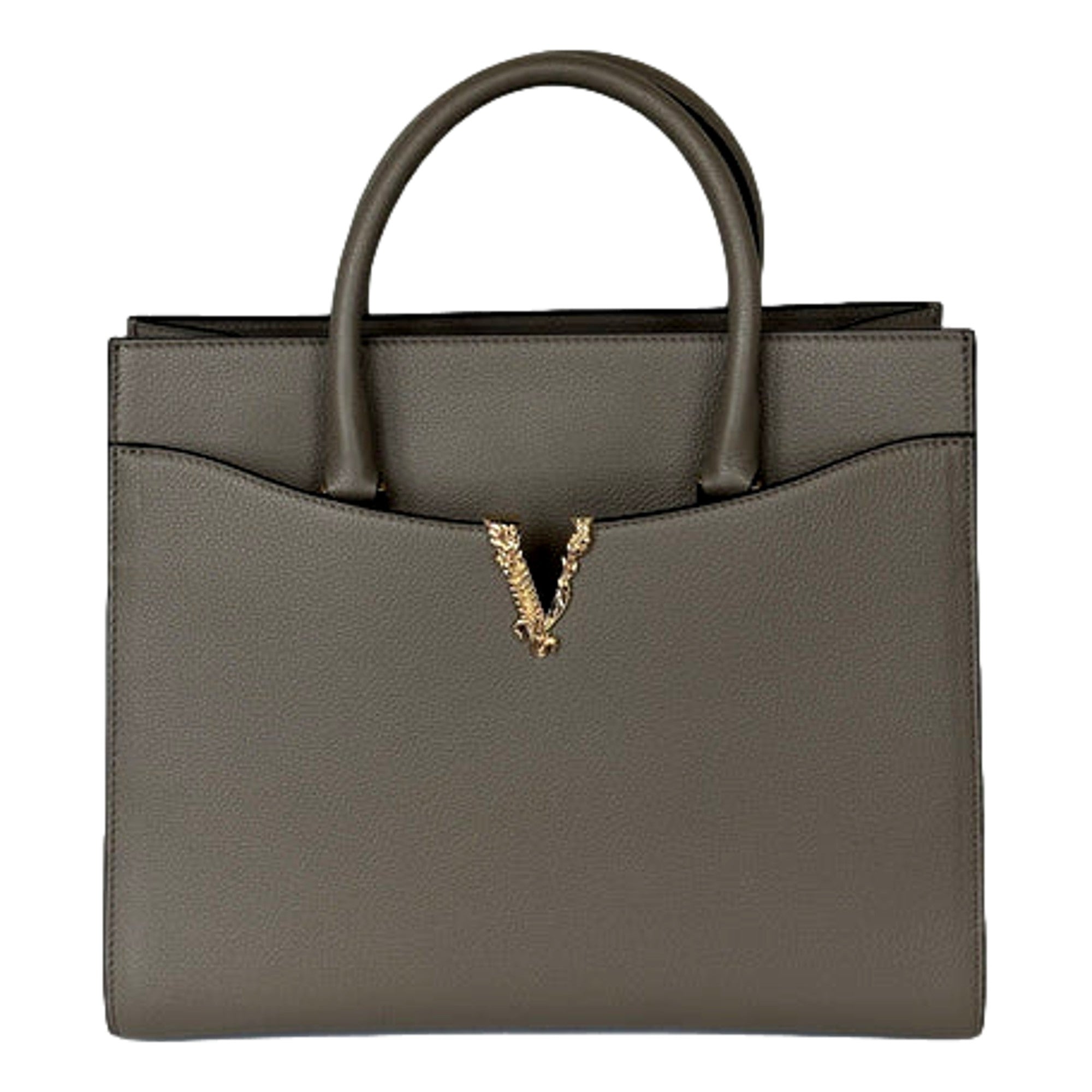 Versace Virtus Calfskin Leather Medium Top Handle Tote Taupe Grey available at Queen Bee of Beverly Hills